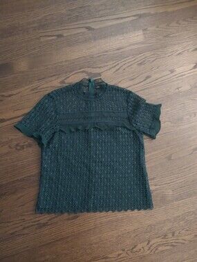Zara Dark Green Lace Ruffle Short Sleeve Blouse